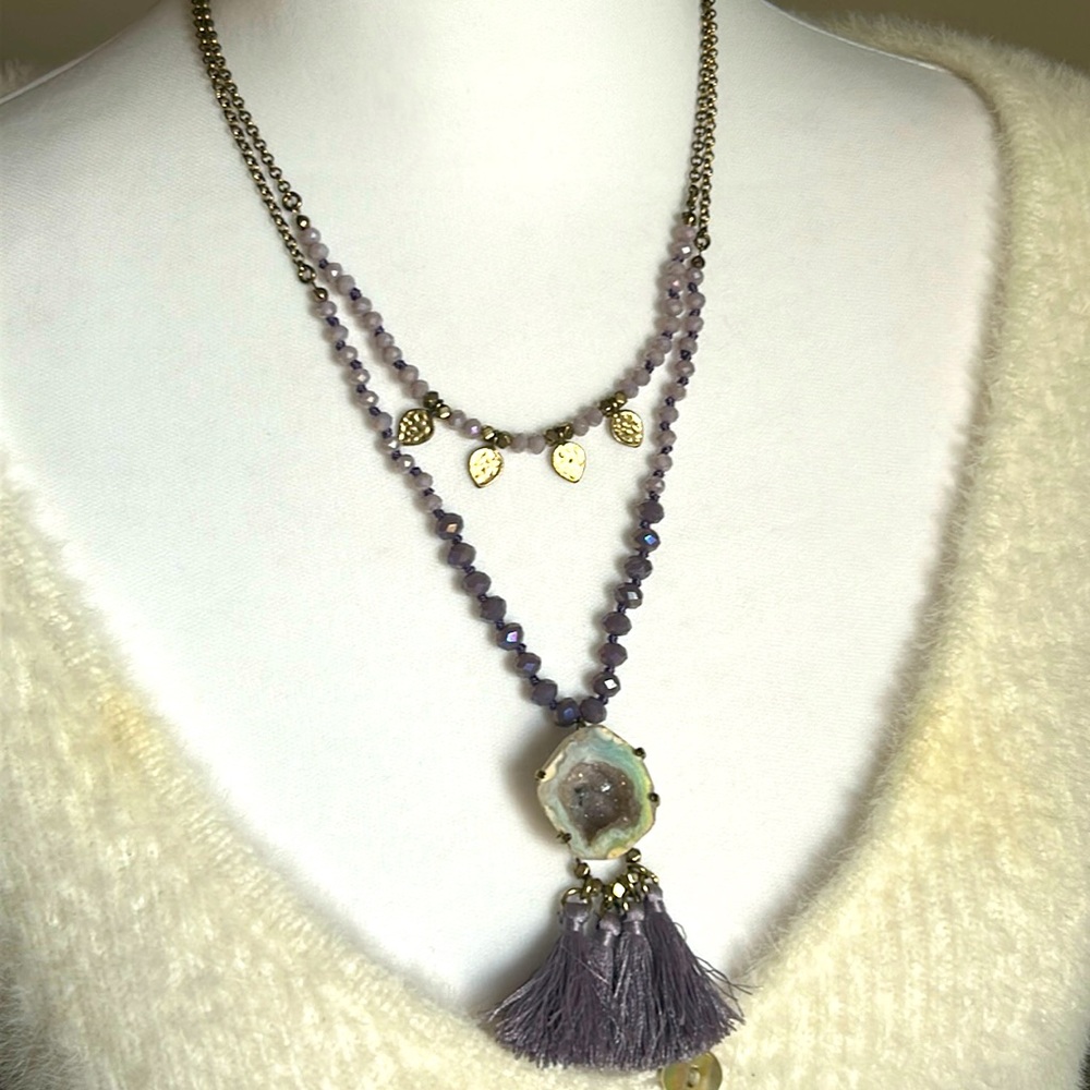 Vintage Geode Crystal, Tasso and Bead Chunky Layered Statement Necklace